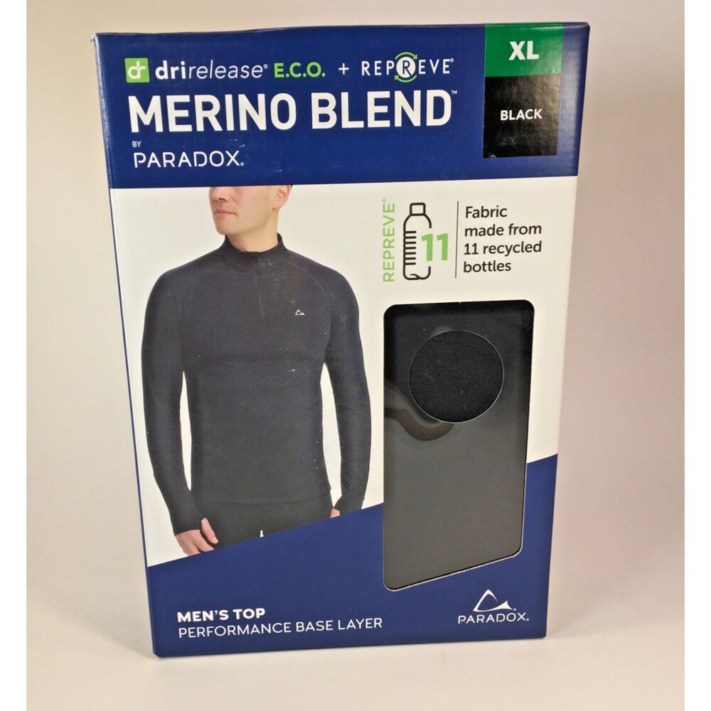 Men's Merino XL Blend Drirelease Performance  Thermal Base Layer Shirt/Top Black